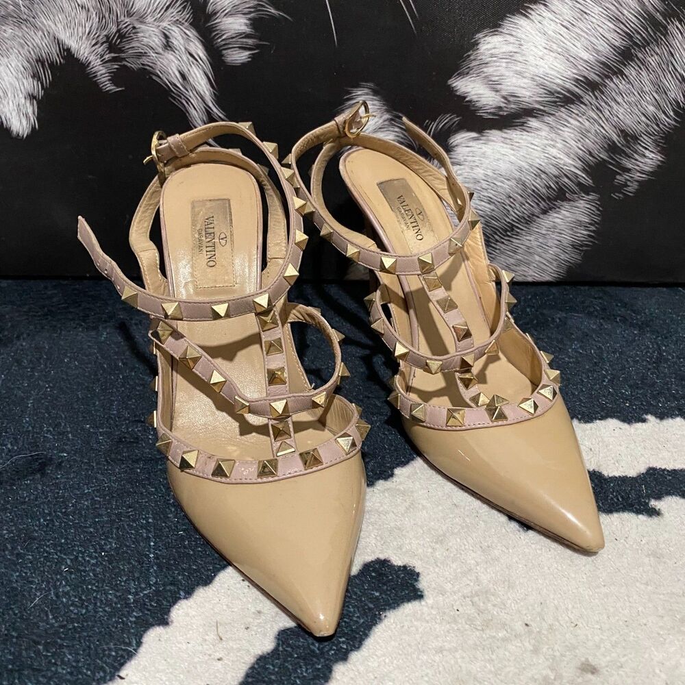 Valentino Garavani Rockstud Pump Heel Women's 7.5 Beige Patent Leather Slingback